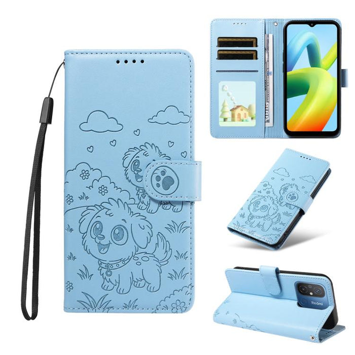 Funda de cuero para teléfono con bloqueo RFID y diseño de perro y corazón en relieve, For Redmi Note 12 Turbo / Poco F5, For Redmi 11A 4G / Poco C55, For Redmi 10C / 10 Power