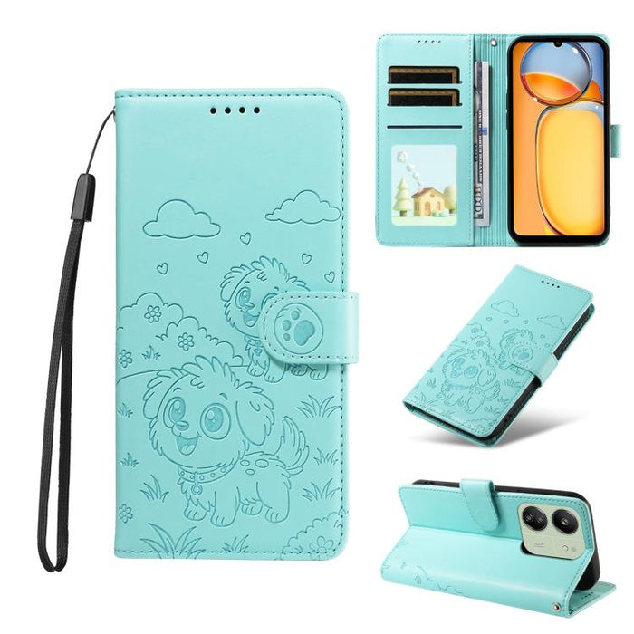 Funda de cuero para teléfono con bloqueo RFID y diseño de perro y corazón en relieve, For Redmi Note 14 4G 164.84mm, For Redmi Note 14 Pro+ 5G / 14 Pro 4G, For Redmi Turbo 4 5G / Poco X7 Pro 5G, For Redmi Note 14 5G / Poco M7 Pro 5G                    ...