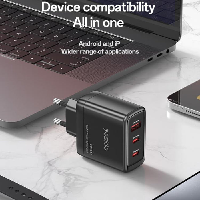 Yesido YC144C 65W Three-port Fast Charger with 1m Type-C Cable, YC144C