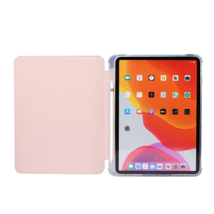 Estuche de cuero de TPU + PU transparente a prueba de golpes con textura de piel prensada eléctrica de 3 pliegues con soporte y ranura para bolígrafo y función de reposo / activación, For iPad Air 2022 / 2020 10.9