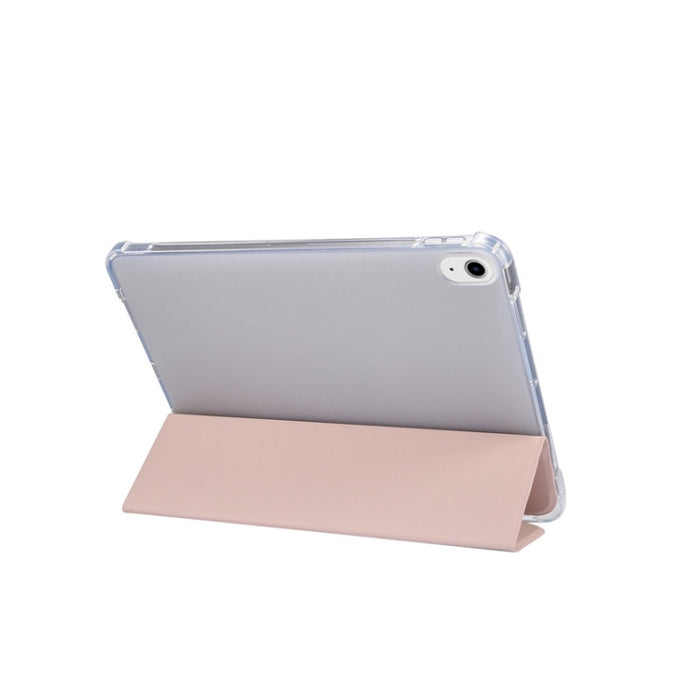 Estuche de cuero de TPU + PU transparente a prueba de golpes con textura de piel prensada eléctrica de 3 pliegues con soporte y ranura para bolígrafo y función de reposo / activación, For iPad Air 2022 / 2020 10.9