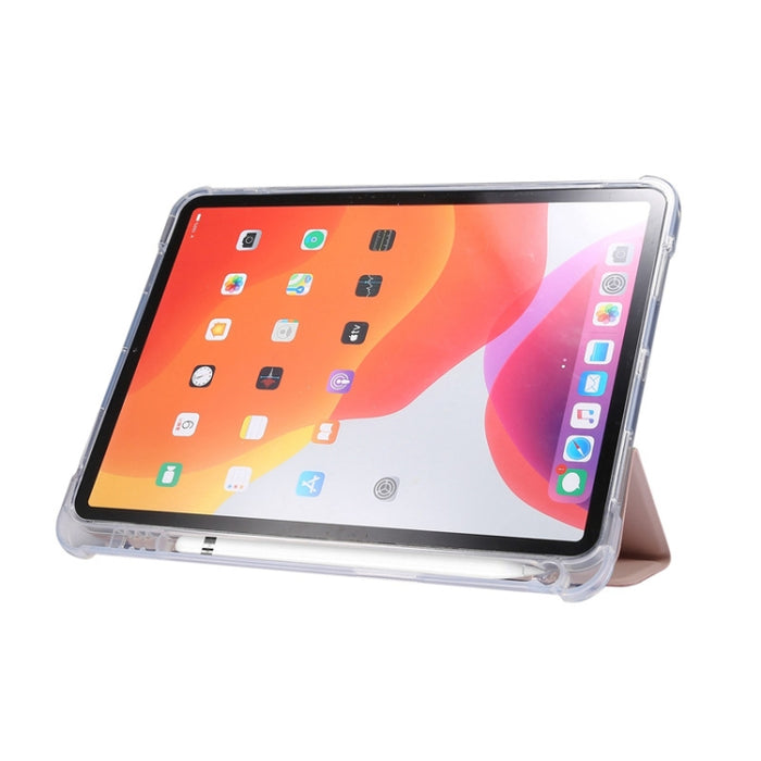 Estuche de cuero de TPU + PU transparente a prueba de golpes con textura de piel prensada eléctrica de 3 pliegues con soporte y ranura para bolígrafo y función de reposo / activación, For iPad Air 2022 / 2020 10.9
