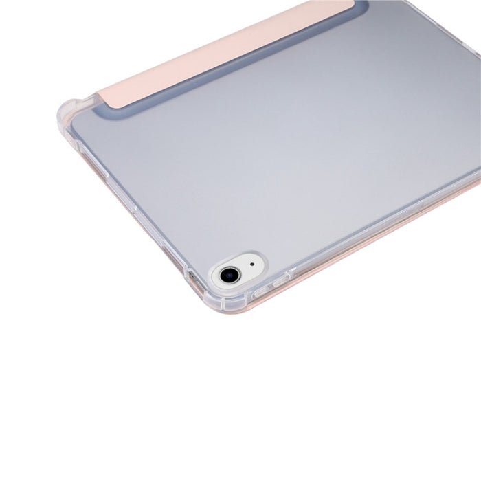 Estuche de cuero de TPU + PU transparente a prueba de golpes con textura de piel prensada eléctrica de 3 pliegues con soporte y ranura para bolígrafo y función de reposo / activación, For iPad Air 2022 / 2020 10.9