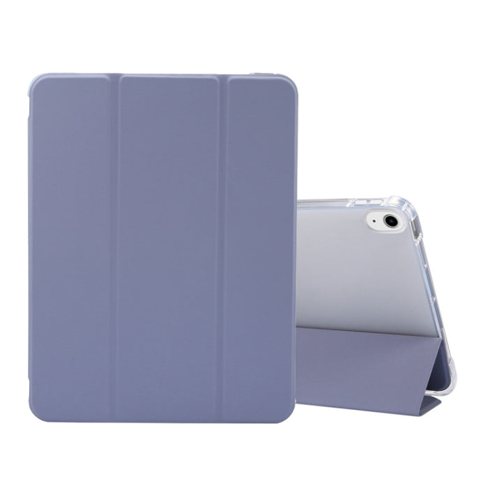 Estuche de cuero de TPU + PU transparente a prueba de golpes con textura de piel prensada eléctrica de 3 pliegues con soporte y ranura para bolígrafo y función de reposo / activación, For iPad Air 2022 / 2020 10.9