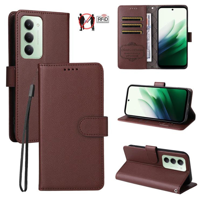 Funda de cuero para teléfono con forma de cartera de 3 tarjetas con bloqueo RFID y textura de lichi, For Redmi 15a 5G, For Redmi Turbo 5 Max 5G / Poco X8 Pro Max 5G, For Redmi Turbo 5 5G / Poco X8 Pro 5G, For Redmi Note 15 Pro+ 5G Global 163.3mm       ...