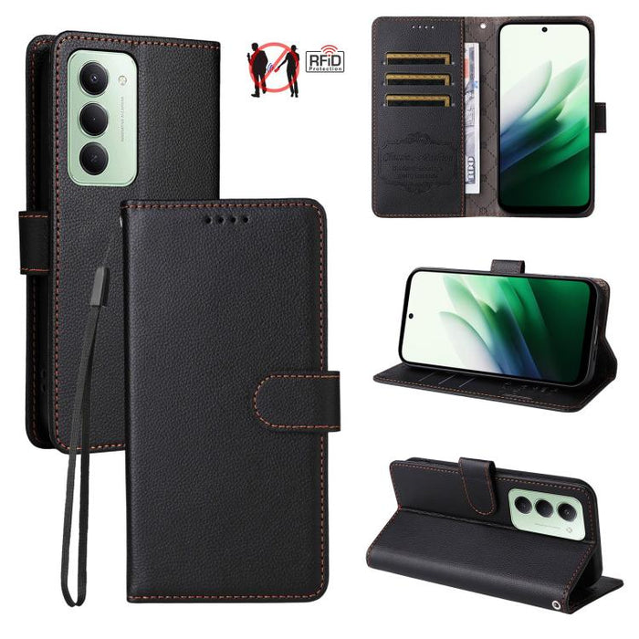 Funda de cuero para teléfono con forma de cartera de 3 tarjetas con bloqueo RFID y textura de lichi, For Redmi 15a 5G, For Redmi Turbo 5 Max 5G / Poco X8 Pro Max 5G, For Redmi Turbo 5 5G / Poco X8 Pro 5G, For Redmi Note 15 Pro+ 5G Global 163.3mm       ...