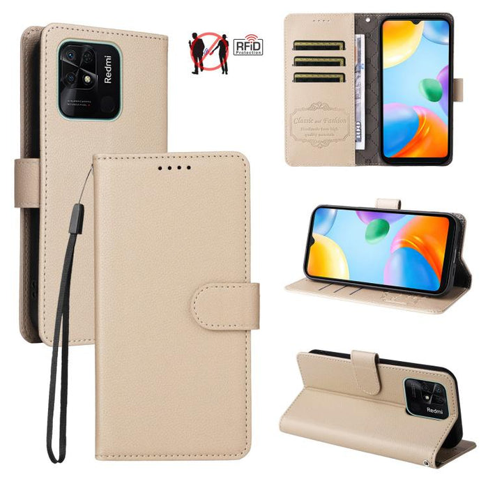 Funda de cuero para teléfono con forma de cartera de 3 tarjetas con bloqueo RFID y textura de lichi, For Redmi Note 12 Turbo / Poco F5, For Redmi 12C / 11A / Poco C55, For Redmi 10C / 10 India / 10 Power