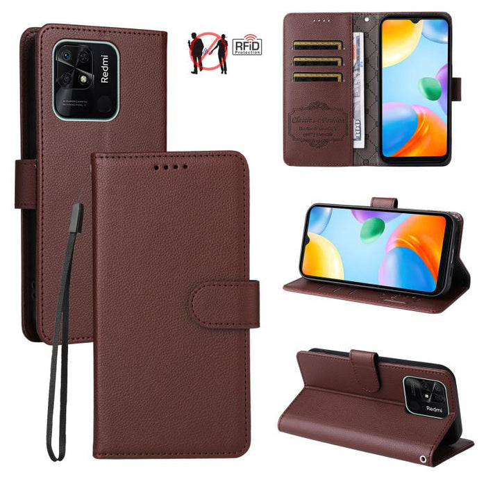 Funda de cuero para teléfono con forma de cartera de 3 tarjetas con bloqueo RFID y textura de lichi, For Redmi Note 12 Turbo / Poco F5, For Redmi 12C / 11A / Poco C55, For Redmi 10C / 10 India / 10 Power