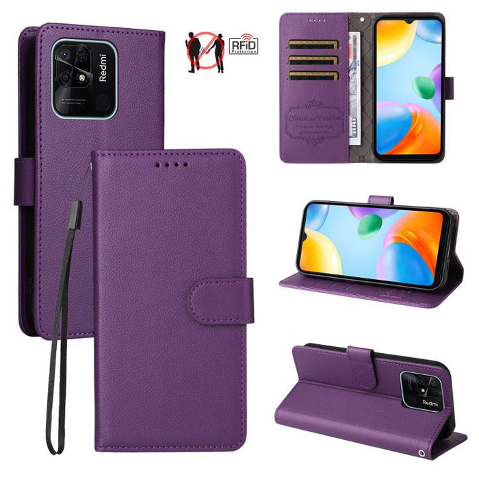 Funda de cuero para teléfono con forma de cartera de 3 tarjetas con bloqueo RFID y textura de lichi, For Redmi Note 12 Turbo / Poco F5, For Redmi 12C / 11A / Poco C55, For Redmi 10C / 10 India / 10 Power