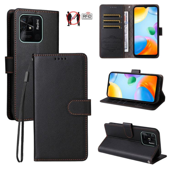 Funda de cuero para teléfono con forma de cartera de 3 tarjetas con bloqueo RFID y textura de lichi, For Redmi Note 12 Turbo / Poco F5, For Redmi 12C / 11A / Poco C55, For Redmi 10C / 10 India / 10 Power