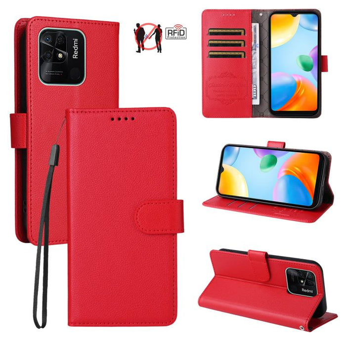 Funda de cuero para teléfono con forma de cartera de 3 tarjetas con bloqueo RFID y textura de lichi, For Redmi Note 12 Turbo / Poco F5, For Redmi 12C / 11A / Poco C55, For Redmi 10C / 10 India / 10 Power