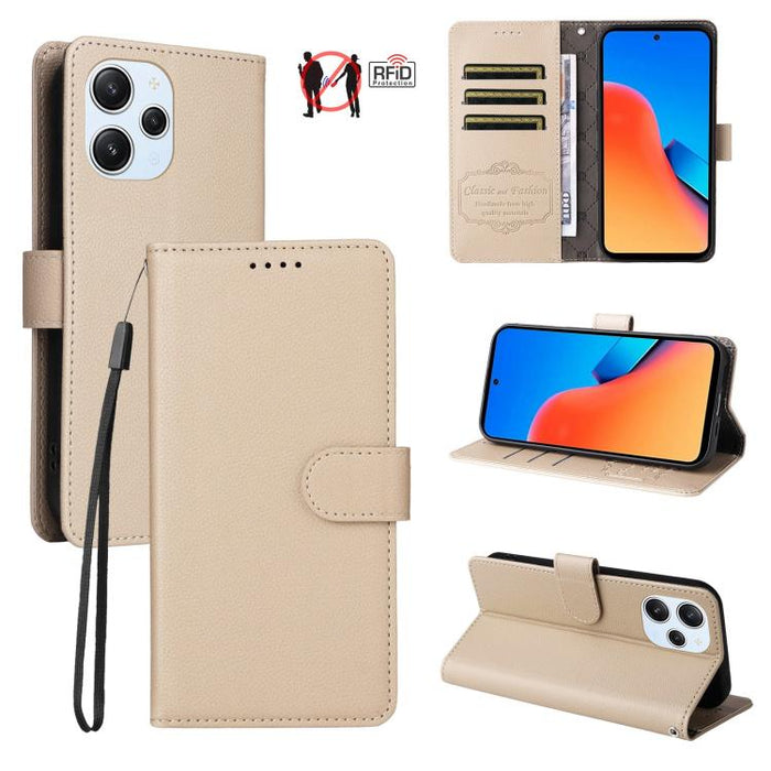 Funda de cuero para teléfono con forma de cartera de 3 tarjetas con bloqueo RFID y textura de lichi, For Redmi Note 12 Turbo / Poco F5, For Redmi 12C / 11A / Poco C55, For Redmi 10C / 10 India / 10 Power