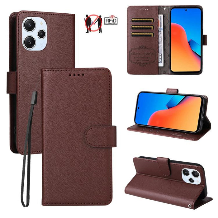 Funda de cuero para teléfono con forma de cartera de 3 tarjetas con bloqueo RFID y textura de lichi, For Redmi Note 12 Turbo / Poco F5, For Redmi 12C / 11A / Poco C55, For Redmi 10C / 10 India / 10 Power