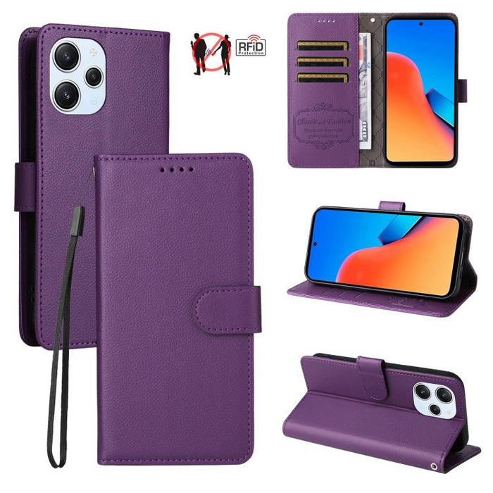 Funda de cuero para teléfono con forma de cartera de 3 tarjetas con bloqueo RFID y textura de lichi, For Redmi Note 12 Turbo / Poco F5, For Redmi 12C / 11A / Poco C55, For Redmi 10C / 10 India / 10 Power