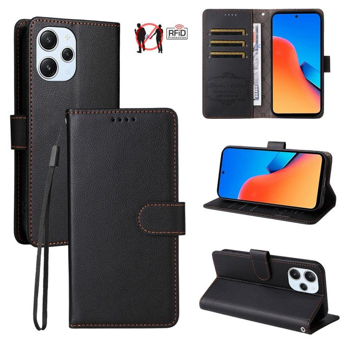 Funda de cuero para teléfono con forma de cartera de 3 tarjetas con bloqueo RFID y textura de lichi, For Redmi Note 12 Turbo / Poco F5, For Redmi 12C / 11A / Poco C55, For Redmi 10C / 10 India / 10 Power