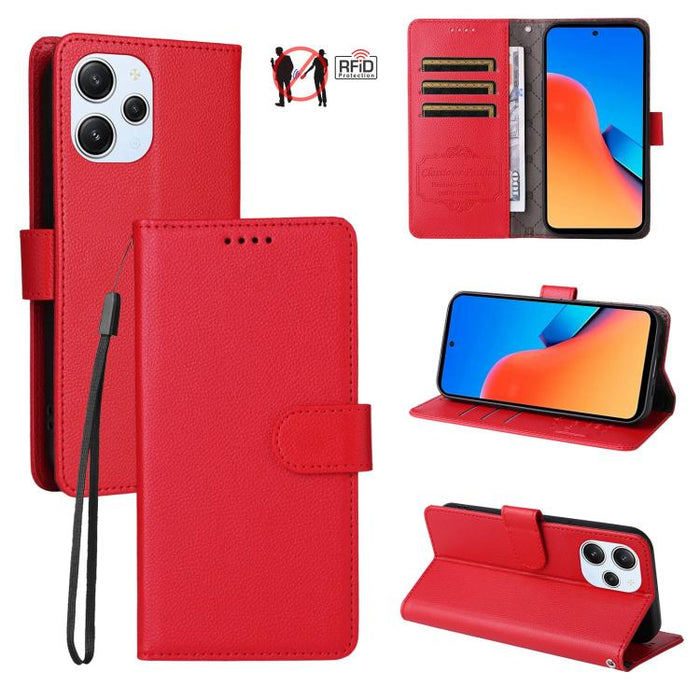 Funda de cuero para teléfono con forma de cartera de 3 tarjetas con bloqueo RFID y textura de lichi, For Redmi Note 12 Turbo / Poco F5, For Redmi 12C / 11A / Poco C55, For Redmi 10C / 10 India / 10 Power