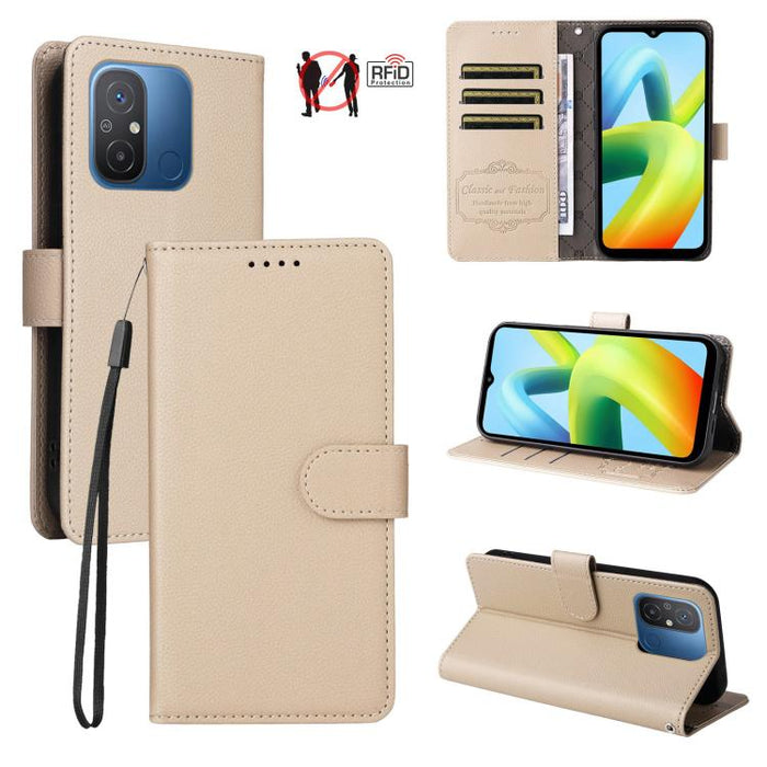 Funda de cuero para teléfono con forma de cartera de 3 tarjetas con bloqueo RFID y textura de lichi, For Redmi Note 12 Turbo / Poco F5, For Redmi 12C / 11A / Poco C55, For Redmi 10C / 10 India / 10 Power
