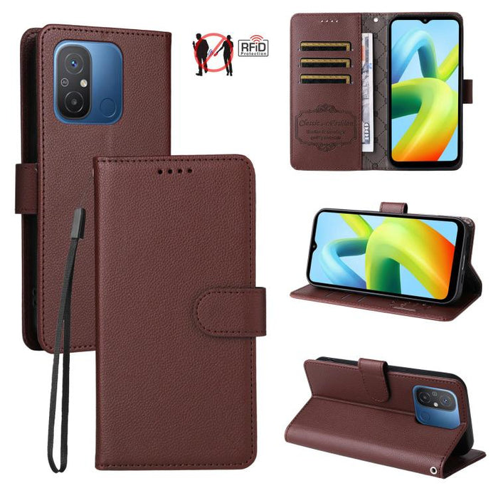 Funda de cuero para teléfono con forma de cartera de 3 tarjetas con bloqueo RFID y textura de lichi, For Redmi Note 12 Turbo / Poco F5, For Redmi 12C / 11A / Poco C55, For Redmi 10C / 10 India / 10 Power