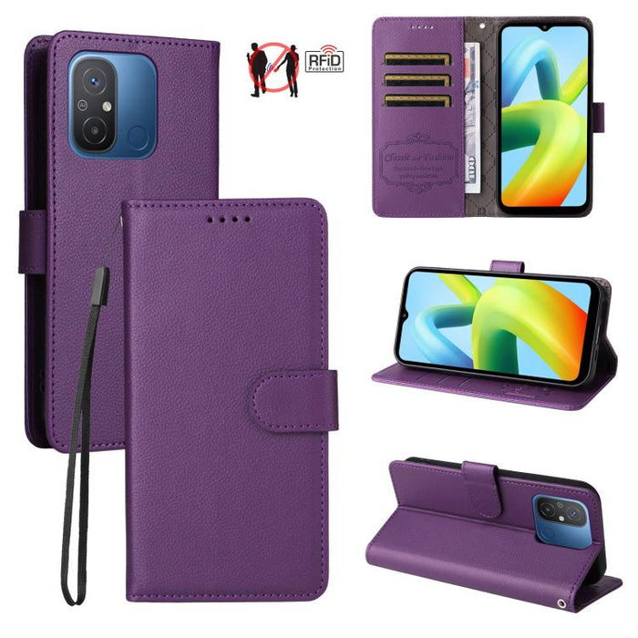Funda de cuero para teléfono con forma de cartera de 3 tarjetas con bloqueo RFID y textura de lichi, For Redmi Note 12 Turbo / Poco F5, For Redmi 12C / 11A / Poco C55, For Redmi 10C / 10 India / 10 Power