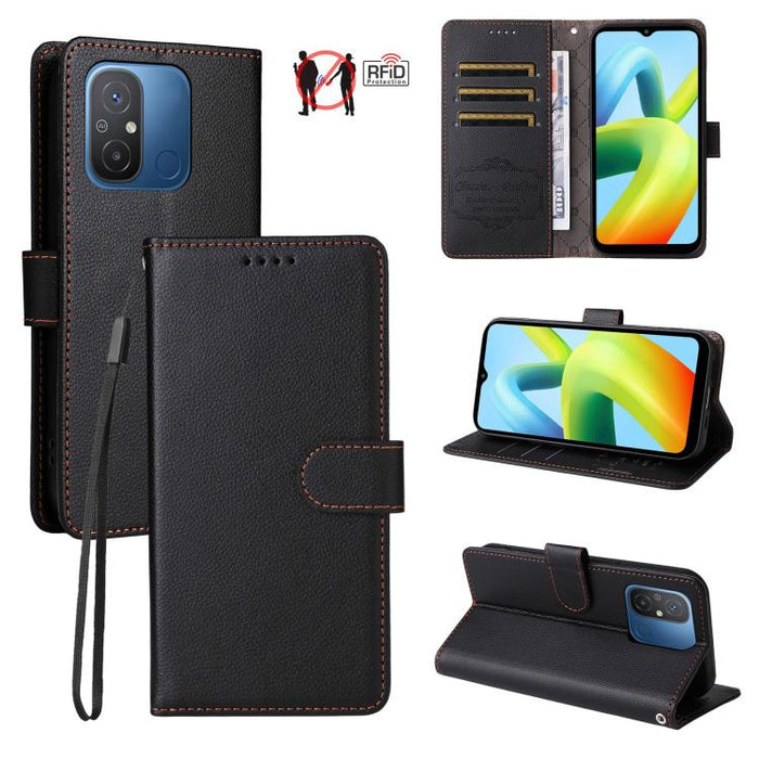 Funda de cuero para teléfono con forma de cartera de 3 tarjetas con bloqueo RFID y textura de lichi, For Redmi Note 12 Turbo / Poco F5, For Redmi 12C / 11A / Poco C55, For Redmi 10C / 10 India / 10 Power