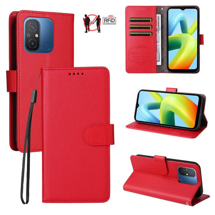 Funda de cuero para teléfono con forma de cartera de 3 tarjetas con bloqueo RFID y textura de lichi, For Redmi Note 12 Turbo / Poco F5, For Redmi 12C / 11A / Poco C55, For Redmi 10C / 10 India / 10 Power