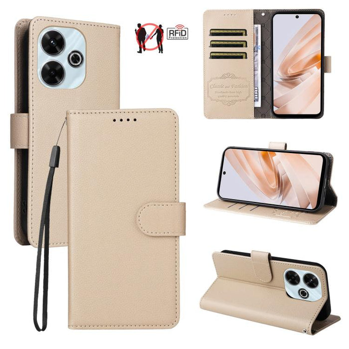 Funda de cuero para teléfono con forma de cartera de 3 tarjetas con bloqueo RFID y textura de lichi, For Redmi K80 / Poco F7 Pro, For Redmi 14C 4G / 5G / 14R / Poco M7, For Redmi Note 14 4G Global 164.84mm, For Redmi Note 14 Pro 5G / 14 Pro+ 5G        ...