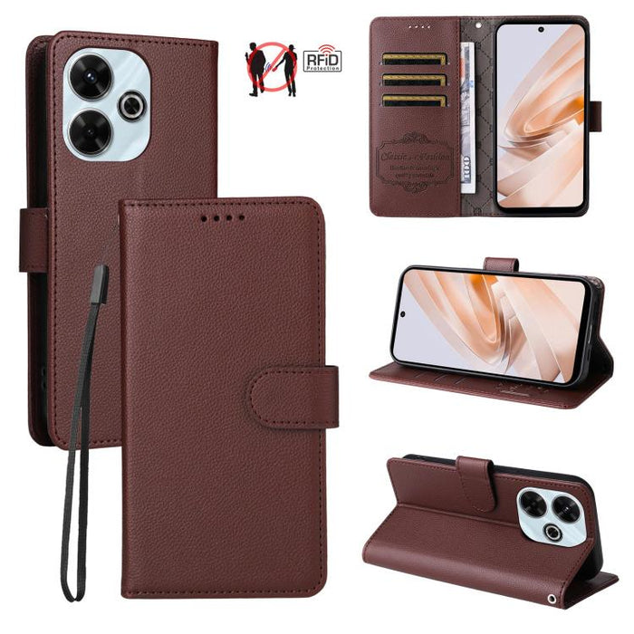 Funda de cuero para teléfono con forma de cartera de 3 tarjetas con bloqueo RFID y textura de lichi, For Redmi K80 / Poco F7 Pro, For Redmi 14C 4G / 5G / 14R / Poco M7, For Redmi Note 14 4G Global 164.84mm, For Redmi Note 14 Pro 5G / 14 Pro+ 5G        ...
