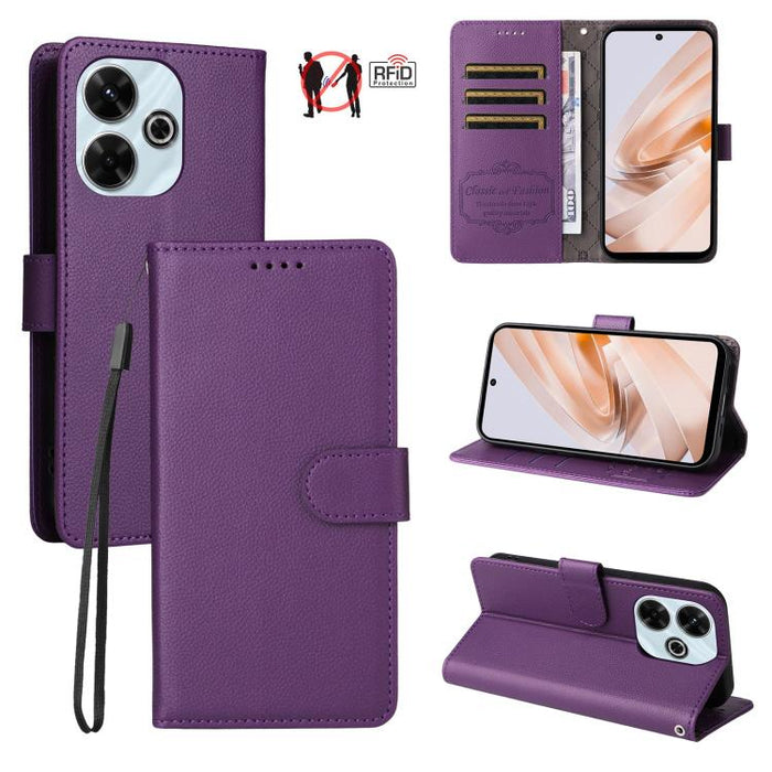 Funda de cuero para teléfono con forma de cartera de 3 tarjetas con bloqueo RFID y textura de lichi, For Redmi K80 / Poco F7 Pro, For Redmi 14C 4G / 5G / 14R / Poco M7, For Redmi Note 14 4G Global 164.84mm, For Redmi Note 14 Pro 5G / 14 Pro+ 5G        ...