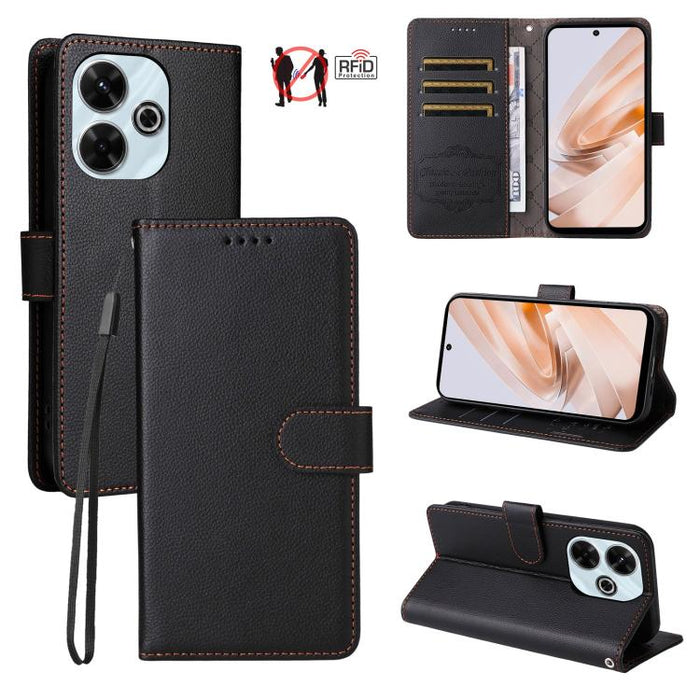 Funda de cuero para teléfono con forma de cartera de 3 tarjetas con bloqueo RFID y textura de lichi, For Redmi K80 / Poco F7 Pro, For Redmi 14C 4G / 5G / 14R / Poco M7, For Redmi Note 14 4G Global 164.84mm, For Redmi Note 14 Pro 5G / 14 Pro+ 5G        ...