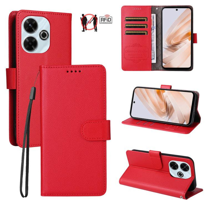 Funda de cuero para teléfono con forma de cartera de 3 tarjetas con bloqueo RFID y textura de lichi, For Redmi K80 / Poco F7 Pro, For Redmi 14C 4G / 5G / 14R / Poco M7, For Redmi Note 14 4G Global 164.84mm, For Redmi Note 14 Pro 5G / 14 Pro+ 5G        ...