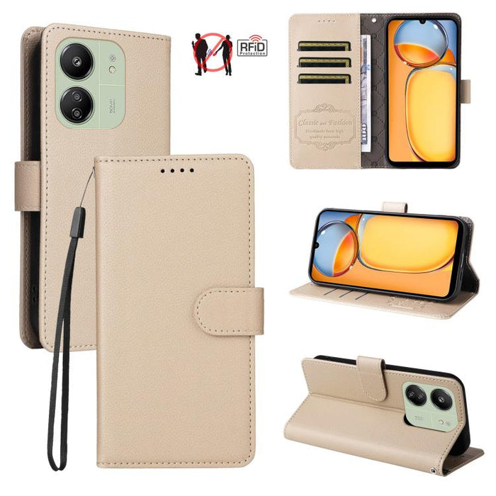 Funda de cuero para teléfono con forma de cartera de 3 tarjetas con bloqueo RFID y textura de lichi, For Redmi K80 / Poco F7 Pro, For Redmi 14C 4G / 5G / 14R / Poco M7, For Redmi Note 14 4G Global 164.84mm, For Redmi Note 14 Pro 5G / 14 Pro+ 5G        ...