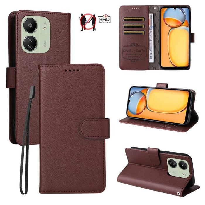 Funda de cuero para teléfono con forma de cartera de 3 tarjetas con bloqueo RFID y textura de lichi, For Redmi K80 / Poco F7 Pro, For Redmi 14C 4G / 5G / 14R / Poco M7, For Redmi Note 14 4G Global 164.84mm, For Redmi Note 14 Pro 5G / 14 Pro+ 5G        ...