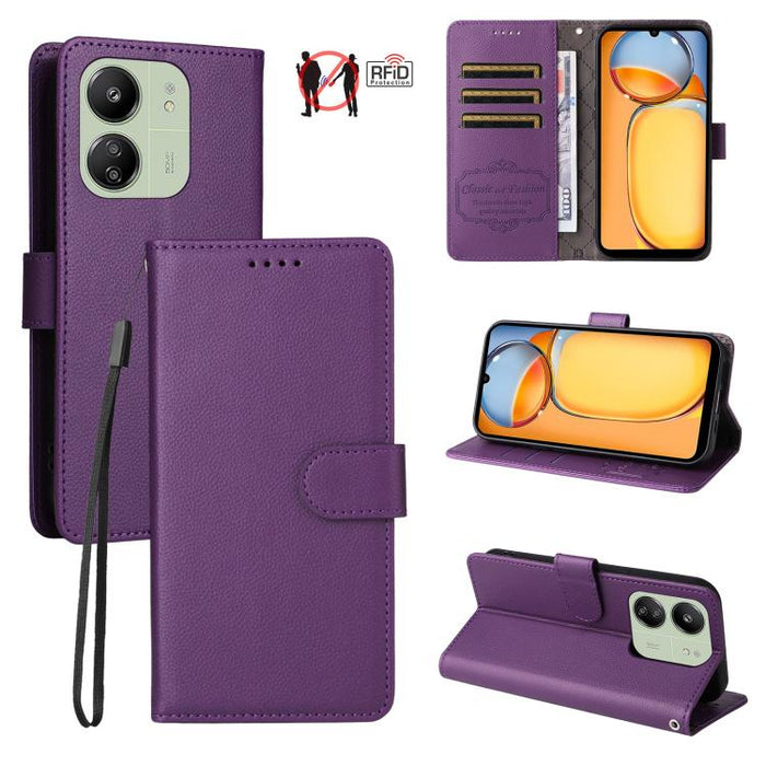Funda de cuero para teléfono con forma de cartera de 3 tarjetas con bloqueo RFID y textura de lichi, For Redmi K80 / Poco F7 Pro, For Redmi 14C 4G / 5G / 14R / Poco M7, For Redmi Note 14 4G Global 164.84mm, For Redmi Note 14 Pro 5G / 14 Pro+ 5G        ...