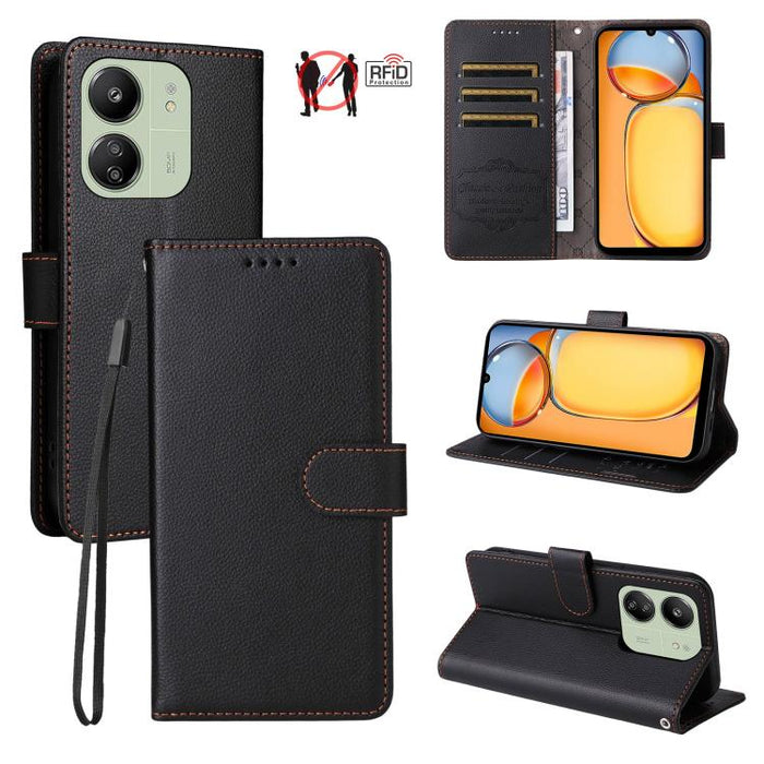 Funda de cuero para teléfono con forma de cartera de 3 tarjetas con bloqueo RFID y textura de lichi, For Redmi K80 / Poco F7 Pro, For Redmi 14C 4G / 5G / 14R / Poco M7, For Redmi Note 14 4G Global 164.84mm, For Redmi Note 14 Pro 5G / 14 Pro+ 5G        ...