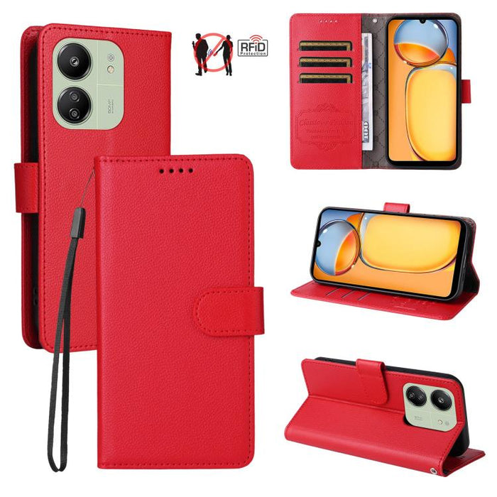 Funda de cuero para teléfono con forma de cartera de 3 tarjetas con bloqueo RFID y textura de lichi, For Redmi K80 / Poco F7 Pro, For Redmi 14C 4G / 5G / 14R / Poco M7, For Redmi Note 14 4G Global 164.84mm, For Redmi Note 14 Pro 5G / 14 Pro+ 5G        ...