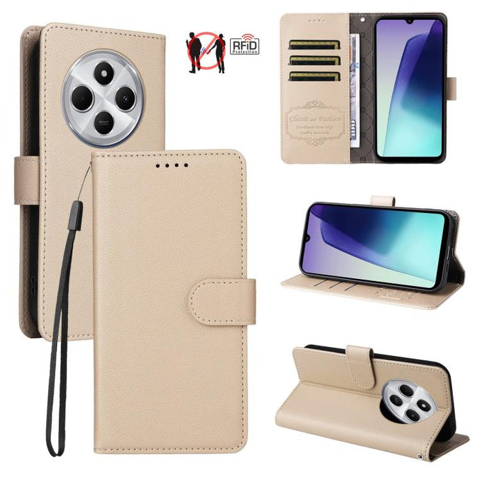 Funda de cuero para teléfono con forma de cartera de 3 tarjetas con bloqueo RFID y textura de lichi, For Redmi K80 / Poco F7 Pro, For Redmi 14C 4G / 5G / 14R / Poco M7, For Redmi Note 14 4G Global 164.84mm, For Redmi Note 14 Pro 5G / 14 Pro+ 5G        ...
