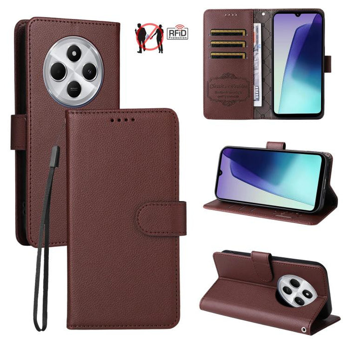 Funda de cuero para teléfono con forma de cartera de 3 tarjetas con bloqueo RFID y textura de lichi, For Redmi K80 / Poco F7 Pro, For Redmi 14C 4G / 5G / 14R / Poco M7, For Redmi Note 14 4G Global 164.84mm, For Redmi Note 14 Pro 5G / 14 Pro+ 5G        ...