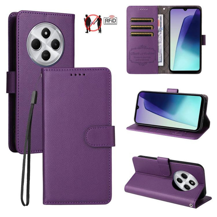 Funda de cuero para teléfono con forma de cartera de 3 tarjetas con bloqueo RFID y textura de lichi, For Redmi K80 / Poco F7 Pro, For Redmi 14C 4G / 5G / 14R / Poco M7, For Redmi Note 14 4G Global 164.84mm, For Redmi Note 14 Pro 5G / 14 Pro+ 5G        ...