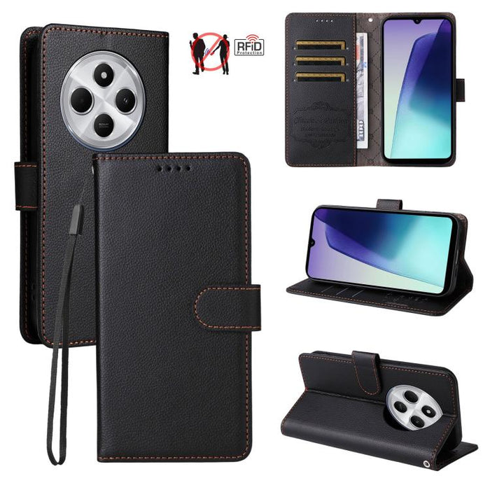 Funda de cuero para teléfono con forma de cartera de 3 tarjetas con bloqueo RFID y textura de lichi, For Redmi K80 / Poco F7 Pro, For Redmi 14C 4G / 5G / 14R / Poco M7, For Redmi Note 14 4G Global 164.84mm, For Redmi Note 14 Pro 5G / 14 Pro+ 5G        ...