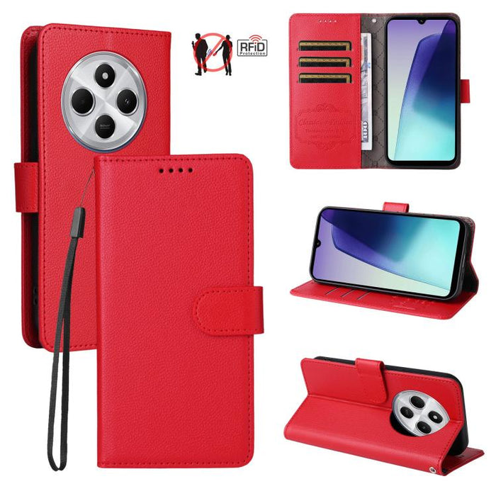 Funda de cuero para teléfono con forma de cartera de 3 tarjetas con bloqueo RFID y textura de lichi, For Redmi K80 / Poco F7 Pro, For Redmi 14C 4G / 5G / 14R / Poco M7, For Redmi Note 14 4G Global 164.84mm, For Redmi Note 14 Pro 5G / 14 Pro+ 5G        ...