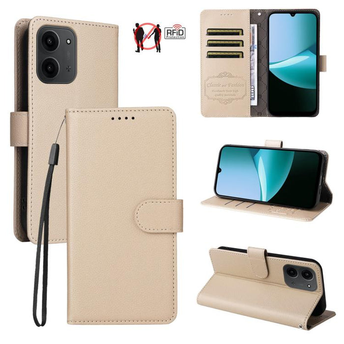 Funda de cuero para teléfono con forma de cartera de 3 tarjetas con bloqueo RFID y textura de lichi, For Redmi 15a 5G, For Redmi Turbo 5 Max 5G / Poco X8 Pro Max 5G, For Redmi Turbo 5 5G / Poco X8 Pro 5G, For Redmi Note 15 Pro+ 5G Global 163.3mm       ...