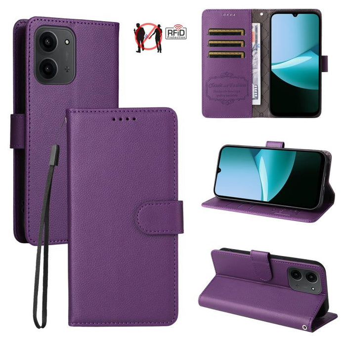 Funda de cuero para teléfono con forma de cartera de 3 tarjetas con bloqueo RFID y textura de lichi, For Redmi 15a 5G, For Redmi Turbo 5 Max 5G / Poco X8 Pro Max 5G, For Redmi Turbo 5 5G / Poco X8 Pro 5G, For Redmi Note 15 Pro+ 5G Global 163.3mm       ...