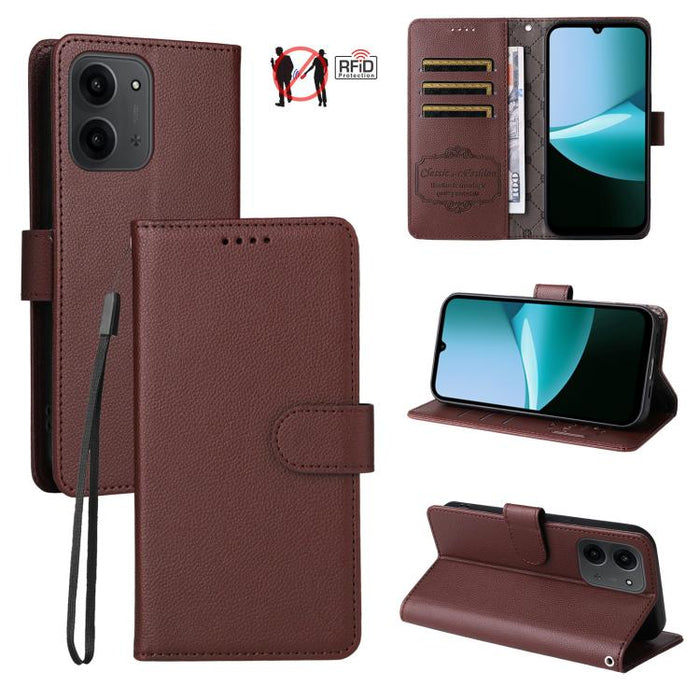Funda de cuero para teléfono con forma de cartera de 3 tarjetas con bloqueo RFID y textura de lichi, For Redmi 15a 5G, For Redmi Turbo 5 Max 5G / Poco X8 Pro Max 5G, For Redmi Turbo 5 5G / Poco X8 Pro 5G, For Redmi Note 15 Pro+ 5G Global 163.3mm       ...