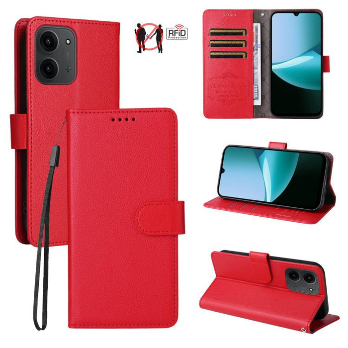 Funda de cuero para teléfono con forma de cartera de 3 tarjetas con bloqueo RFID y textura de lichi, For Redmi 15a 5G, For Redmi Turbo 5 Max 5G / Poco X8 Pro Max 5G, For Redmi Turbo 5 5G / Poco X8 Pro 5G, For Redmi Note 15 Pro+ 5G Global 163.3mm       ...