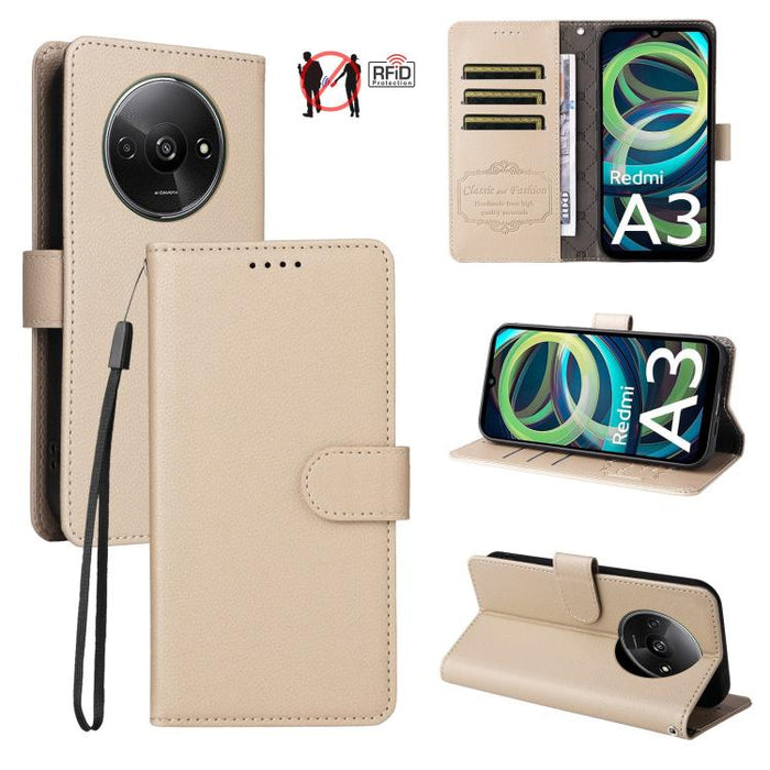 Funda de cuero para teléfono con forma de cartera de 3 tarjetas con bloqueo RFID y textura de lichi, For Redmi K80 / Poco F7 Pro, For Redmi 14C 4G / 5G / 14R / Poco M7, For Redmi Note 14 4G Global 164.84mm, For Redmi Note 14 Pro 5G / 14 Pro+ 5G        ...