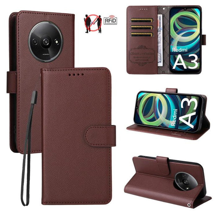 Funda de cuero para teléfono con forma de cartera de 3 tarjetas con bloqueo RFID y textura de lichi, For Redmi K80 / Poco F7 Pro, For Redmi 14C 4G / 5G / 14R / Poco M7, For Redmi Note 14 4G Global 164.84mm, For Redmi Note 14 Pro 5G / 14 Pro+ 5G        ...
