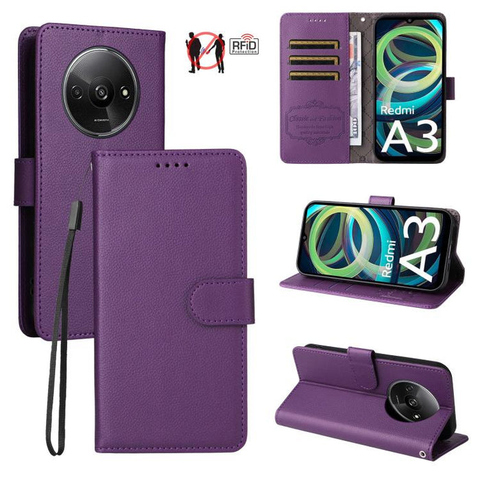 Funda de cuero para teléfono con forma de cartera de 3 tarjetas con bloqueo RFID y textura de lichi, For Redmi K80 / Poco F7 Pro, For Redmi 14C 4G / 5G / 14R / Poco M7, For Redmi Note 14 4G Global 164.84mm, For Redmi Note 14 Pro 5G / 14 Pro+ 5G        ...
