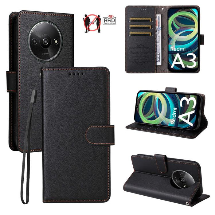 Funda de cuero para teléfono con forma de cartera de 3 tarjetas con bloqueo RFID y textura de lichi, For Redmi K80 / Poco F7 Pro, For Redmi 14C 4G / 5G / 14R / Poco M7, For Redmi Note 14 4G Global 164.84mm, For Redmi Note 14 Pro 5G / 14 Pro+ 5G        ...