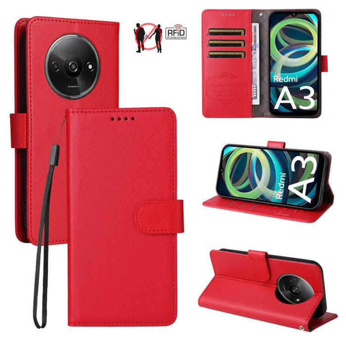Funda de cuero para teléfono con forma de cartera de 3 tarjetas con bloqueo RFID y textura de lichi, For Redmi K80 / Poco F7 Pro, For Redmi 14C 4G / 5G / 14R / Poco M7, For Redmi Note 14 4G Global 164.84mm, For Redmi Note 14 Pro 5G / 14 Pro+ 5G        ...