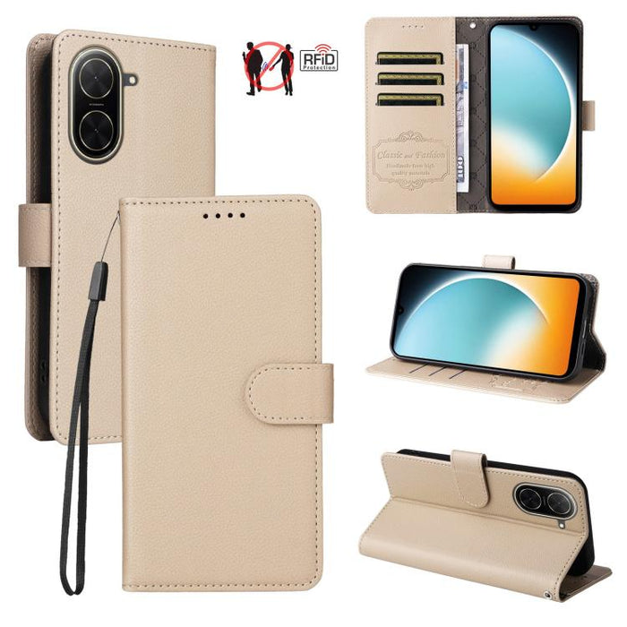 Funda de cuero para teléfono con forma de cartera de 3 tarjetas con bloqueo RFID y textura de lichi, For Redmi K80 / Poco F7 Pro, For Redmi 14C 4G / 5G / 14R / Poco M7, For Redmi Note 14 4G Global 164.84mm, For Redmi Note 14 Pro 5G / 14 Pro+ 5G        ...